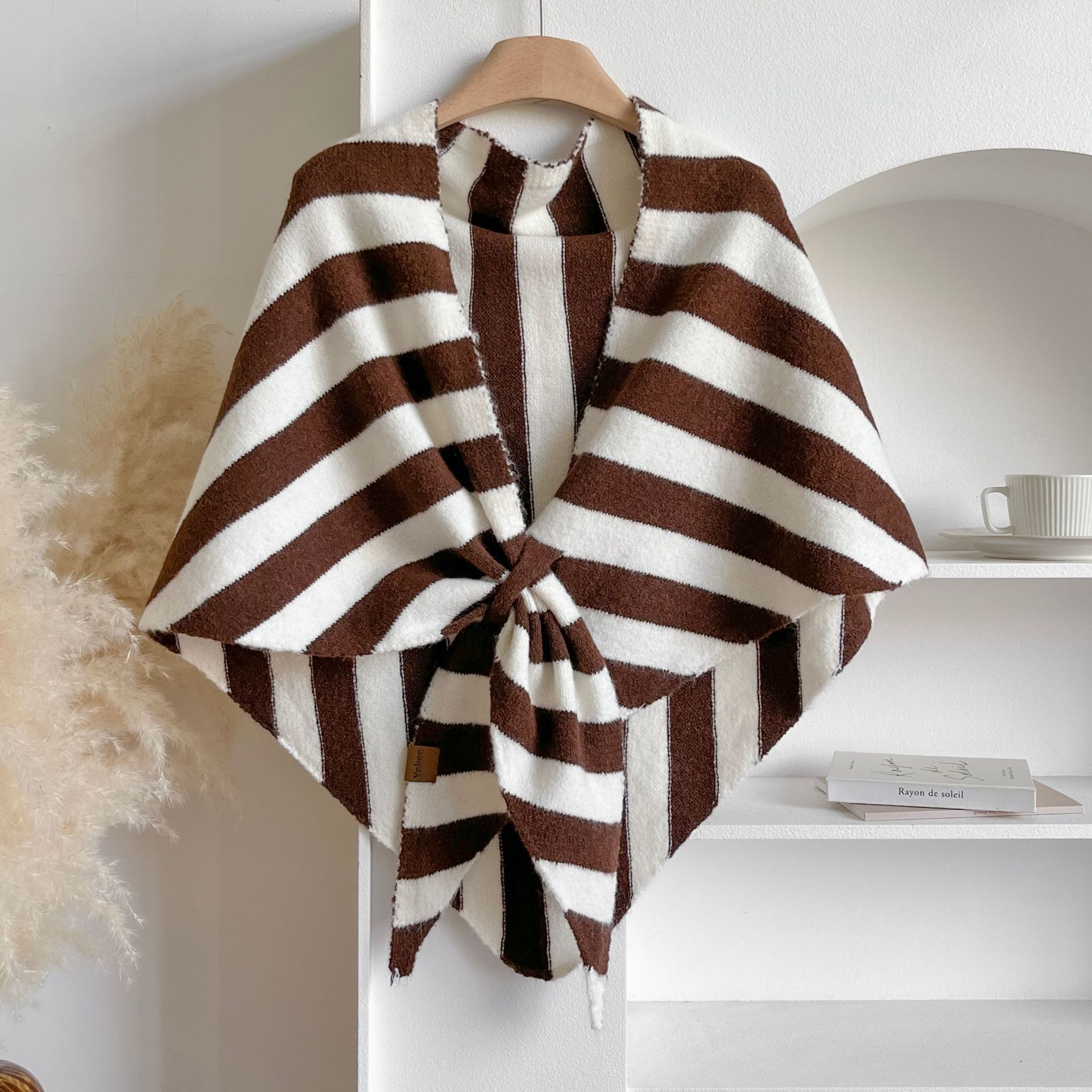 Brown Striped Women's Triangle Shawl Cape - Soft Knit Faux Cashmere Poncho Wrap