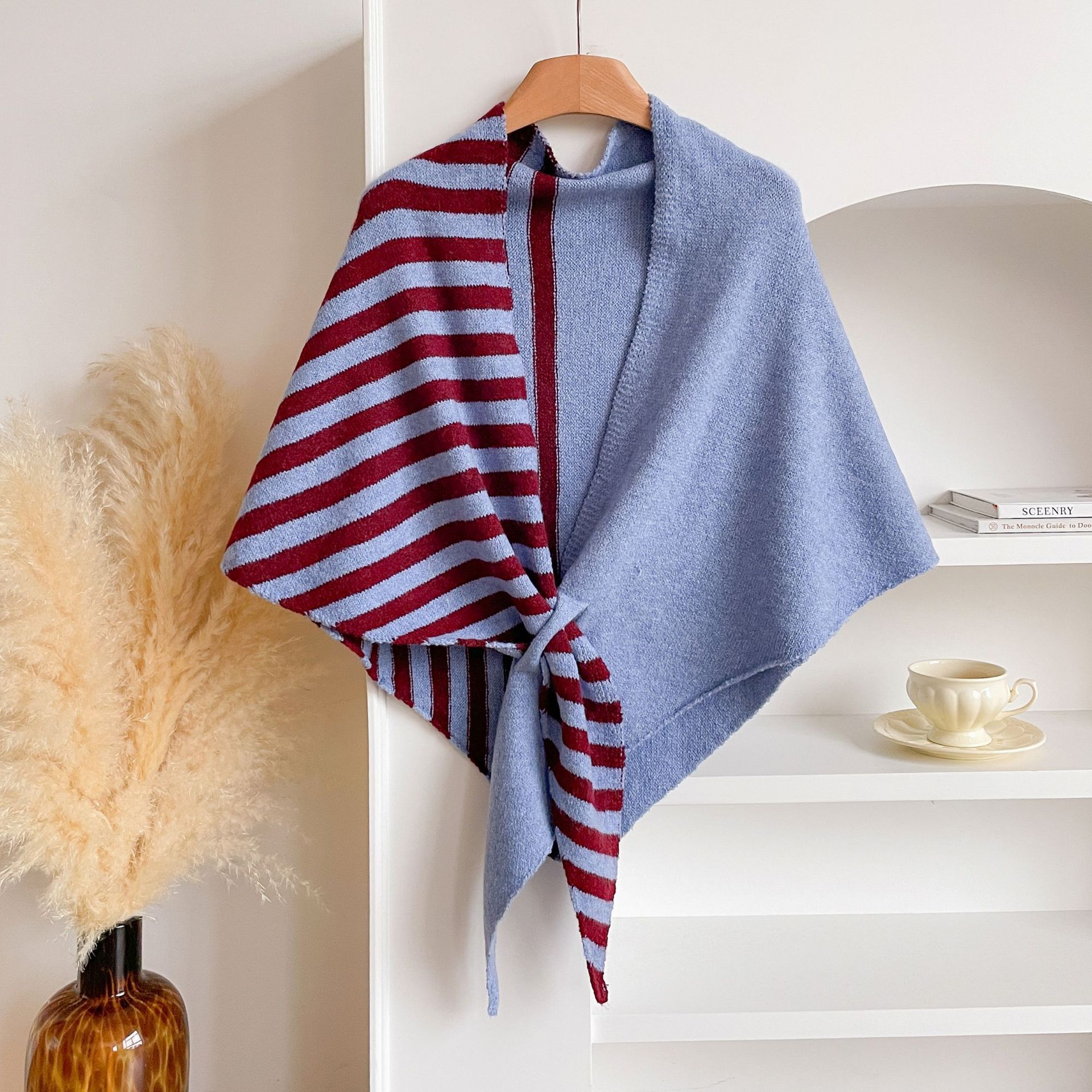 Blue and Red Color blocking Striped Women's Triangle Shawl Cape - Soft Knit