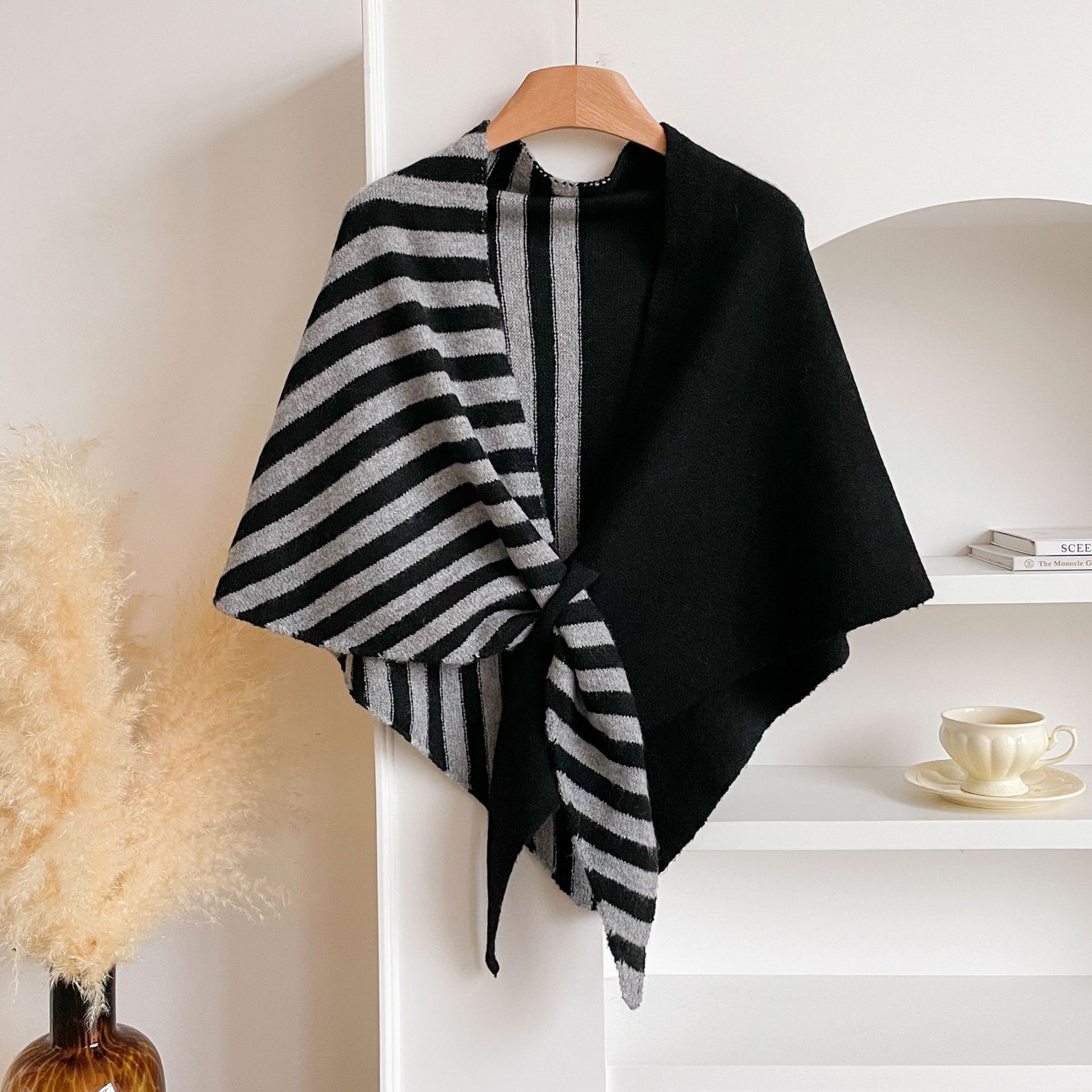 Blue and Red Color blocking Striped Women's Triangle Shawl Cape - Soft Knit view 3
