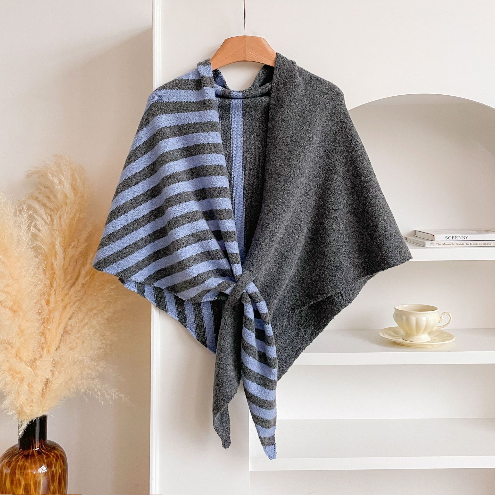 Blue and Grey Color blocking Striped Women's Triangle Shawl Cape - Soft Knit