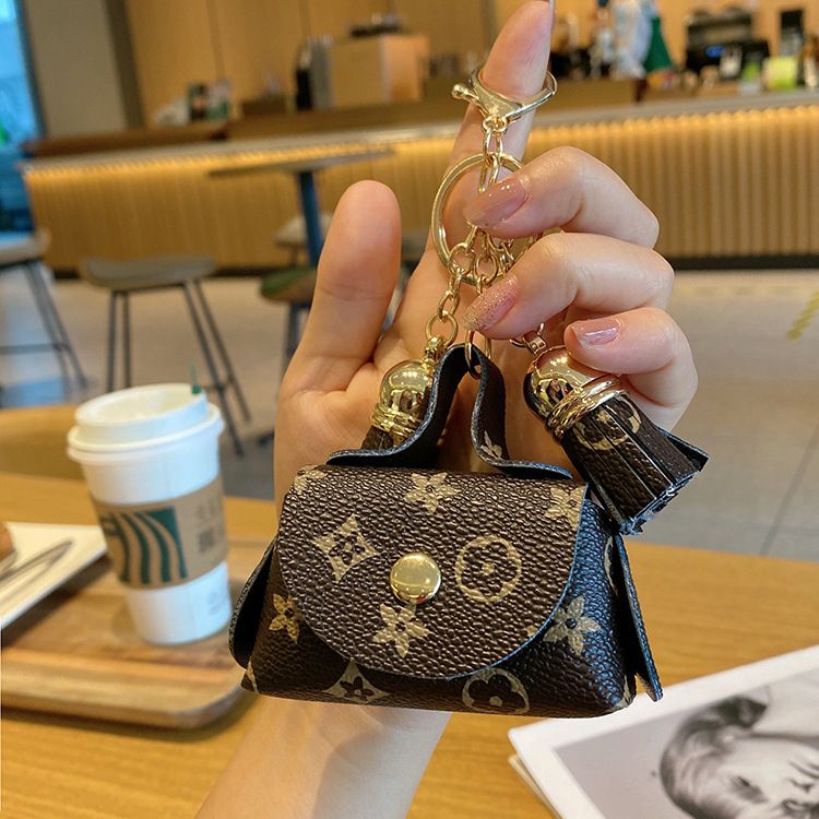 Brown Cute Mini PU Leather Coin Pouch with Tassel Keychain - Printed Pattern