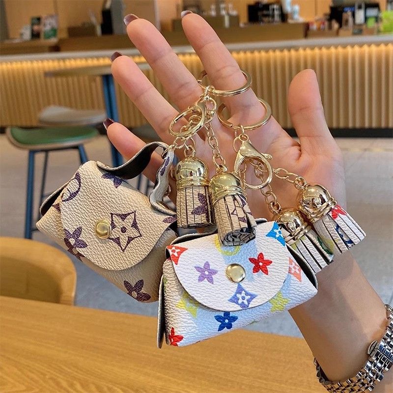 Pink Cute Mini PU Leather Coin Pouch with Tassel Keychain - Printed Pattern view 4