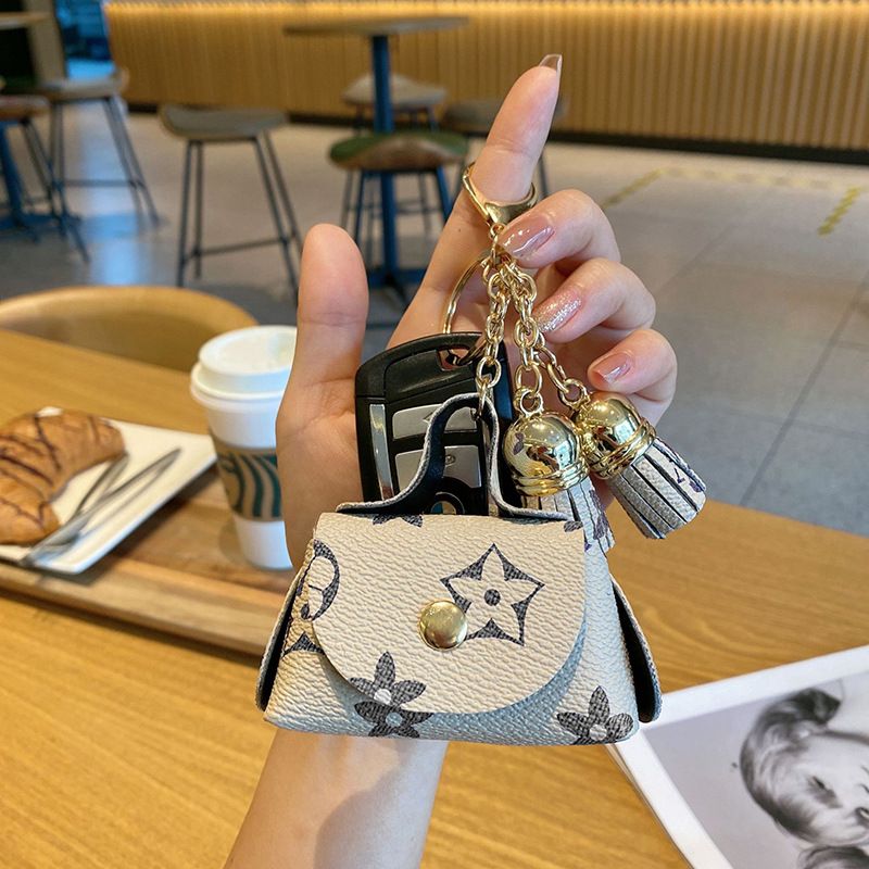 cream-coloured Cute Mini PU Leather Coin Pouch with Tassel Keychain - Printed