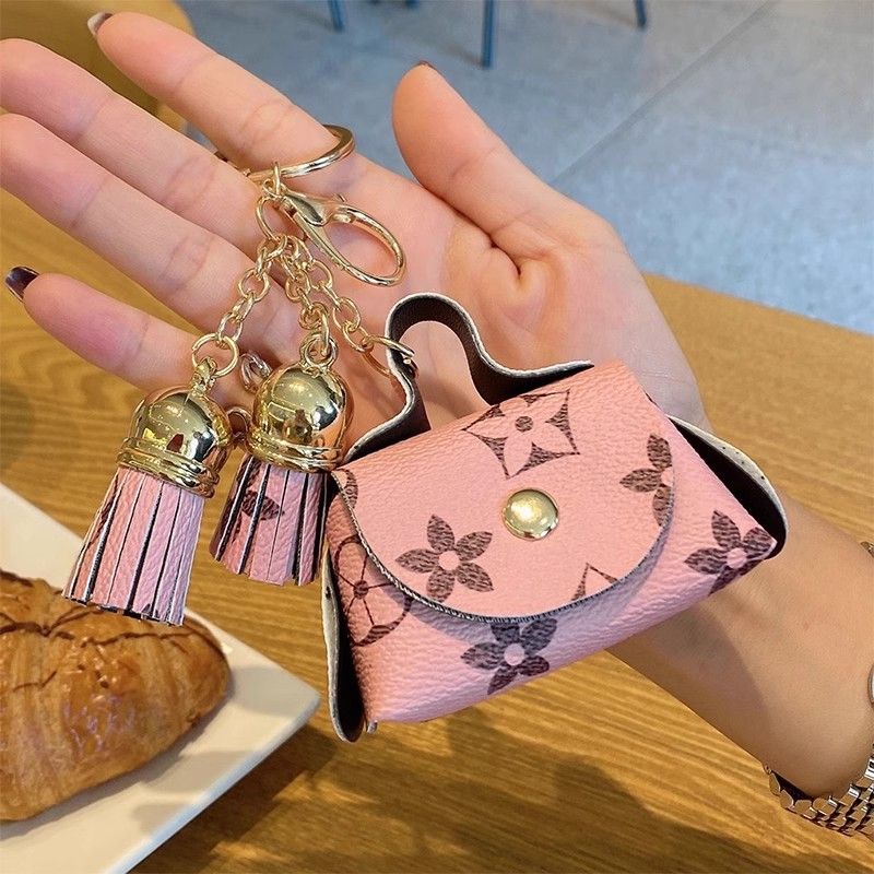 cream-coloured Cute Mini PU Leather Coin Pouch with Tassel Keychain - Printed view 5