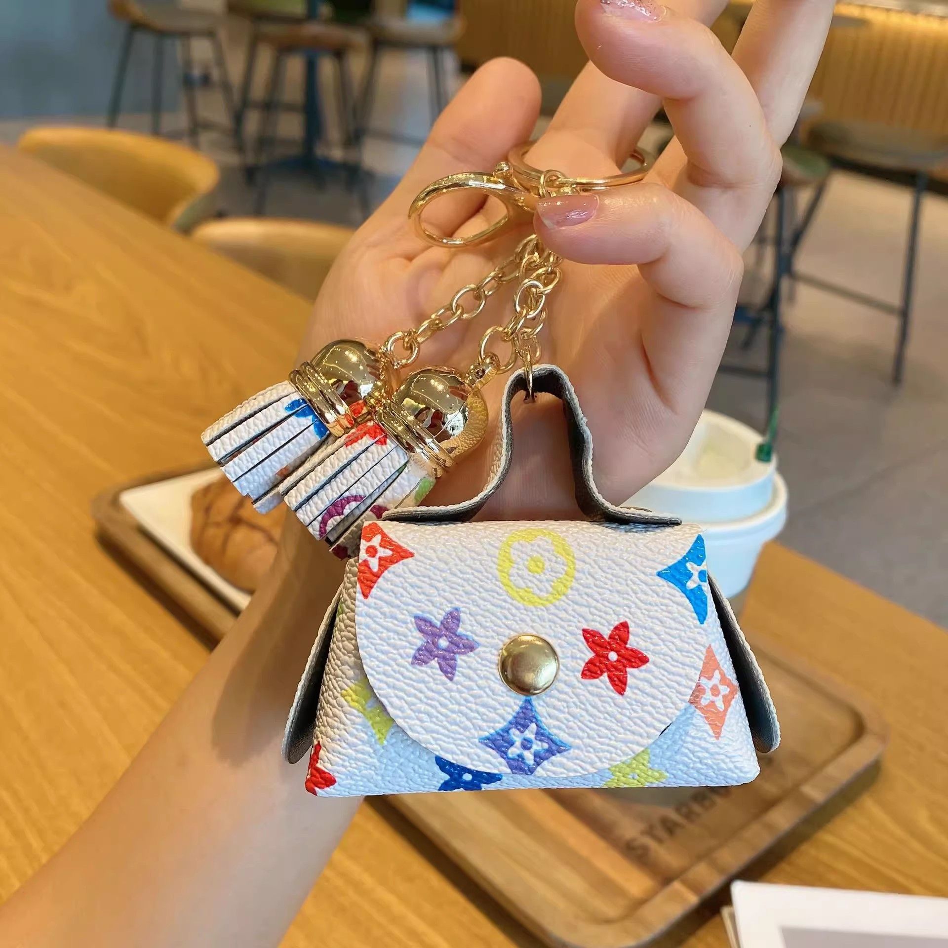 White Cute Mini PU Leather Coin Pouch with Tassel Keychain - Printed Pattern