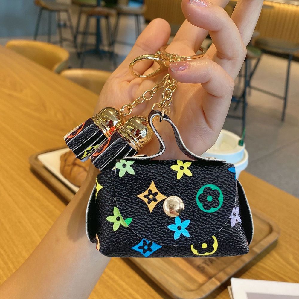 Black Cute Mini PU Leather Coin Pouch with Tassel Keychain - Printed Pattern