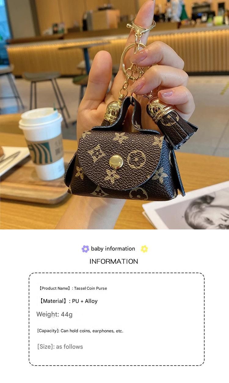 Black Cute Mini PU Leather Coin Pouch with Tassel Keychain - Printed Pattern view 2