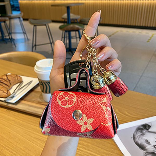 Red Cute Mini PU Leather Coin Pouch with Tassel Keychain - Printed Pattern