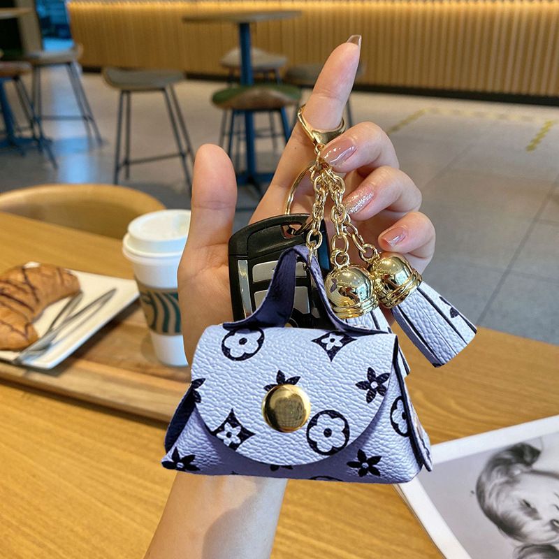 Blue Cute Mini PU Leather Coin Pouch with Tassel Keychain - Printed Pattern