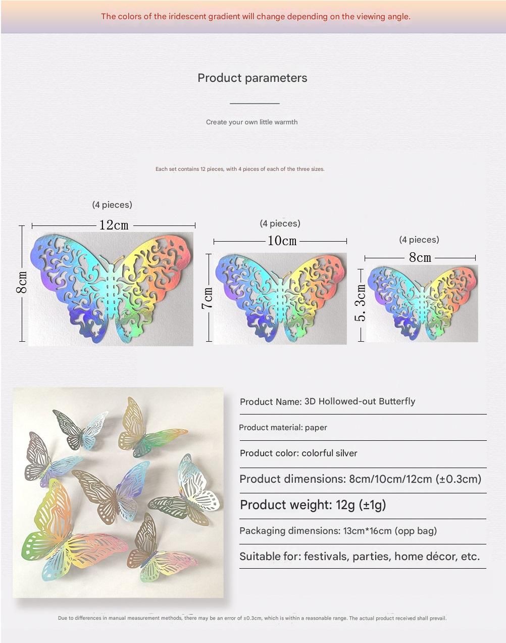 3D Butterfly Wall Stickers - Iridescent Silver Paper - 72pcs Set view 3