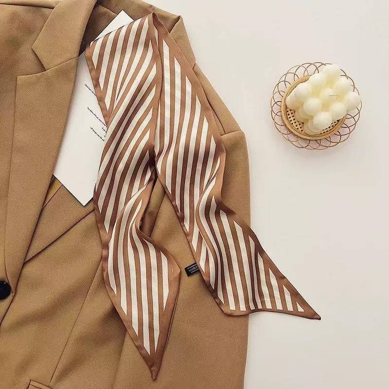 2-piece Coffee Geometric and Stripes French Style Long Silk Scarf - Coffee view 3