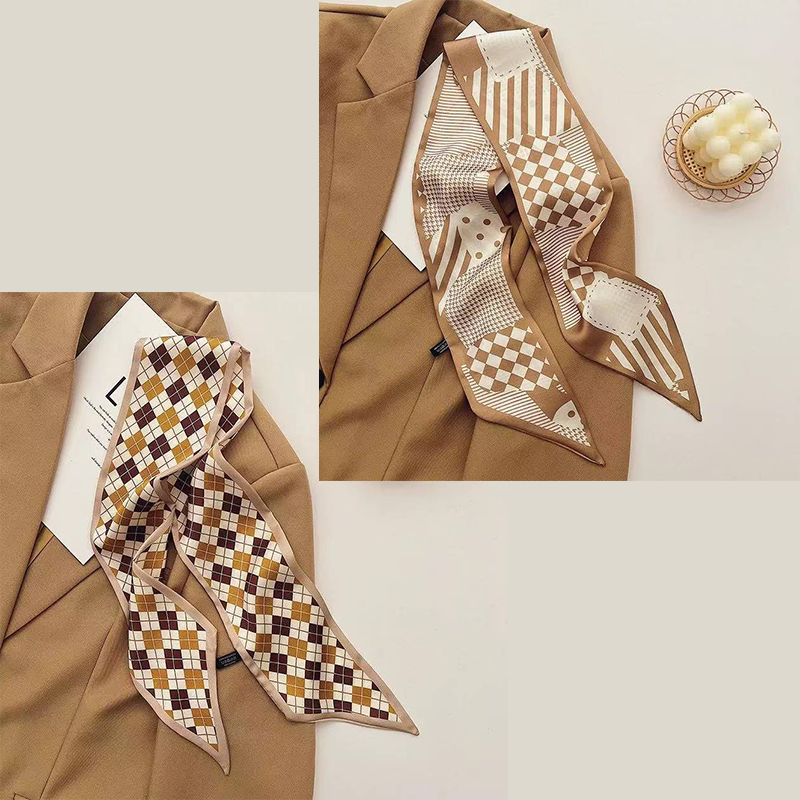 2-piece Coffee Geometric and Diamond Grid French Style Long Silk Scarf