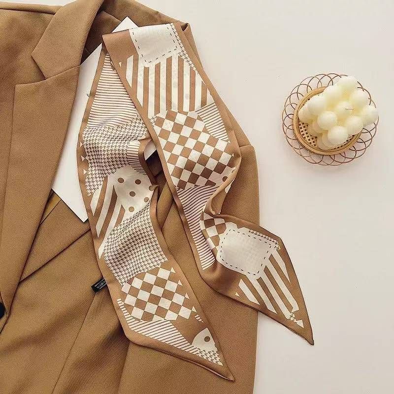 2-piece Coffee Geometric and Diamond Grid French Style Long Silk Scarf view 2