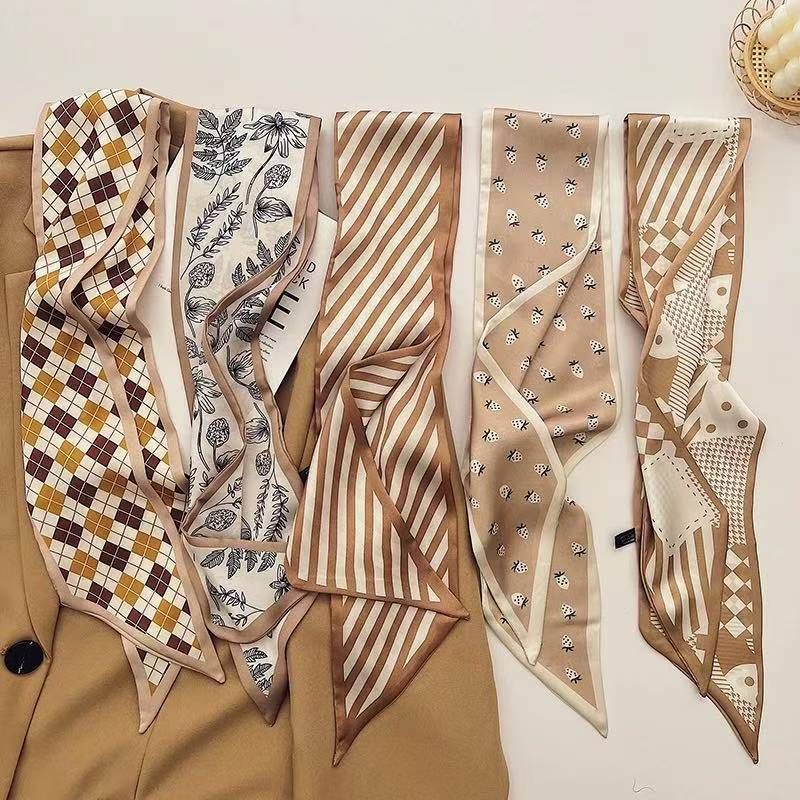 2-piece Coffee Geometric and Diamond Grid French Style Long Silk Scarf view 4