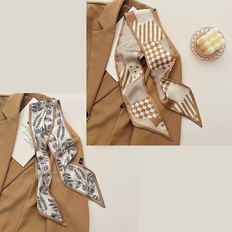 2-piece Coffee Geometry and Pencil Drawing French Style Long Silk Scarf