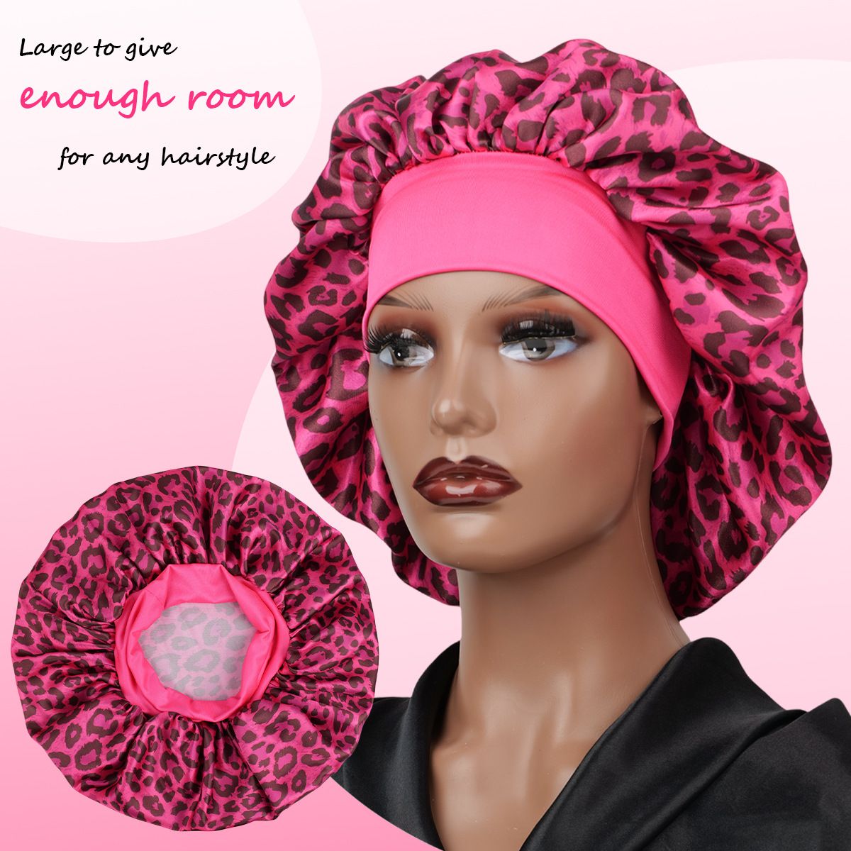 Aquarius -Rose Red Leopard Print Satin Sleep Bonnet - Large Size Hair view 3
