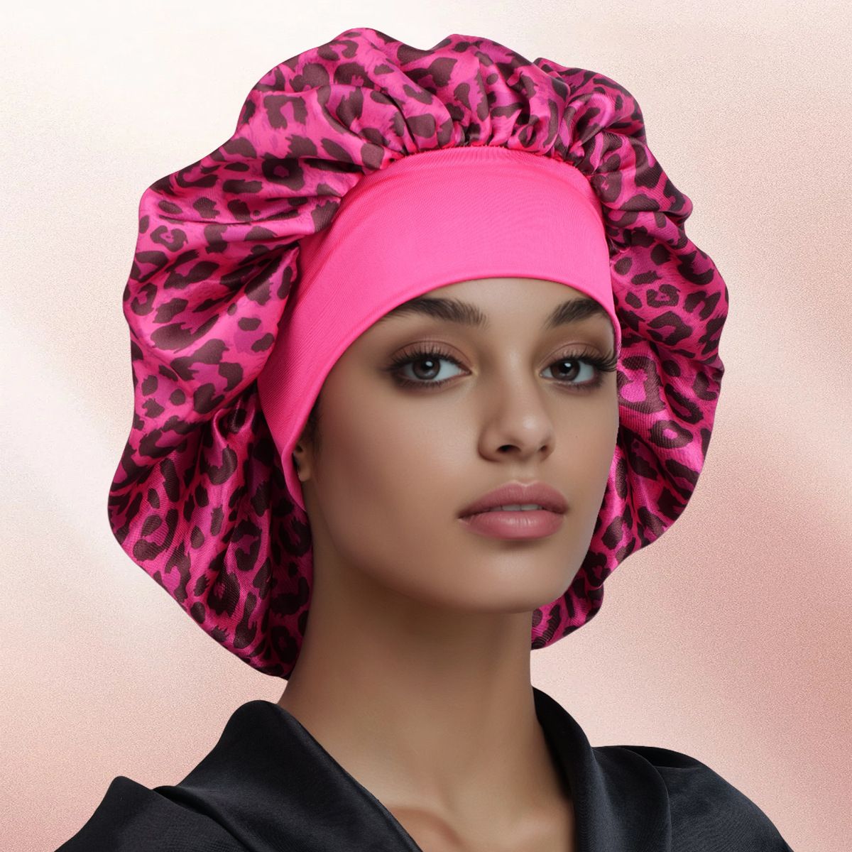 Sagittarius -Rose Red Leopard Print Satin Sleep Bonnet - Large Size Hair view 5