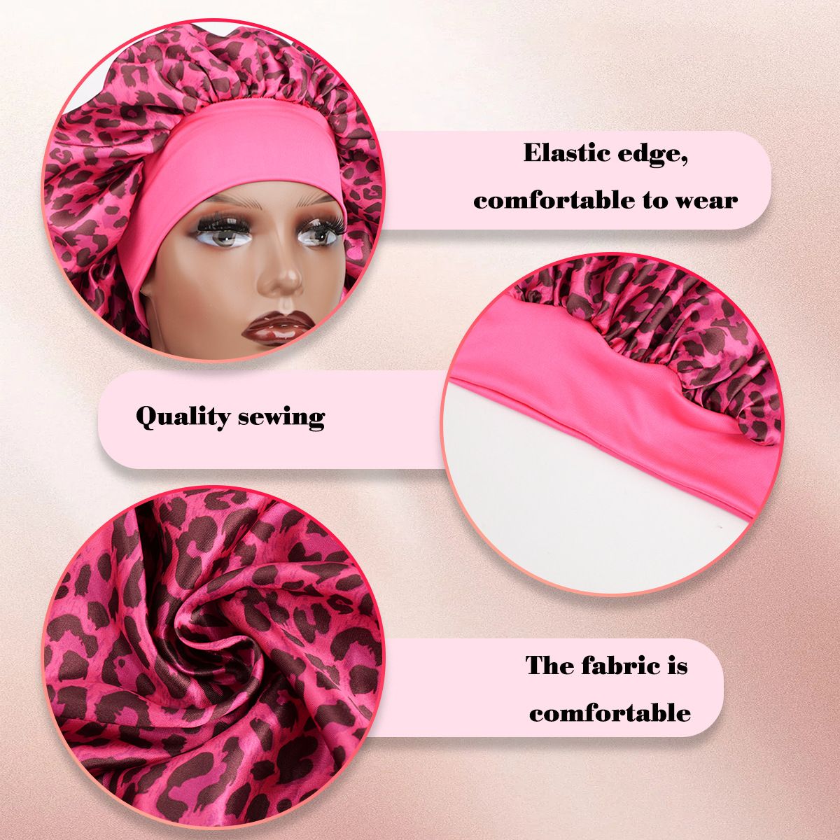 Virgo -Rose Red Leopard Print Satin Sleep Bonnet - Large Size Hair Protection view 2