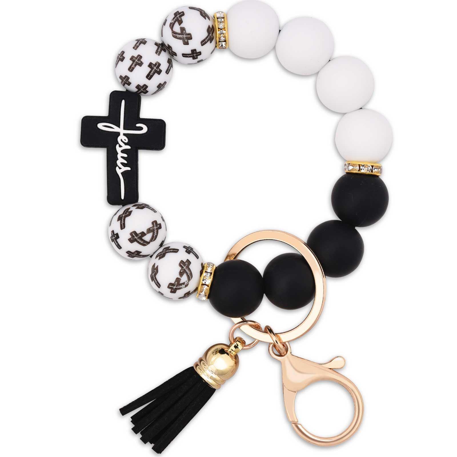 Black and White Silicone Bead Keychain with Cross Charm