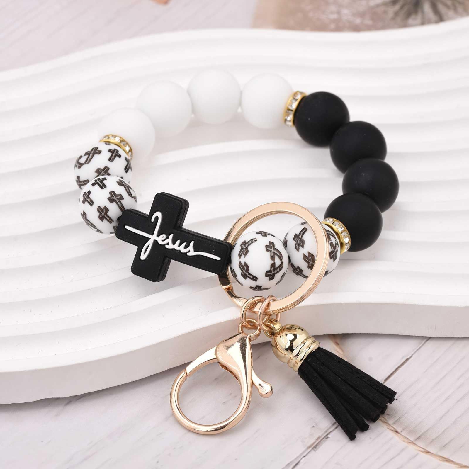 Black and White Silicone Bead Keychain with Cross Charm view 4