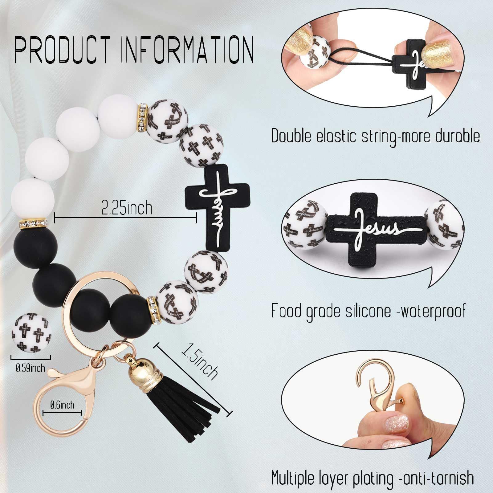 Black and White Silicone Bead Keychain with Cross Charm view 5