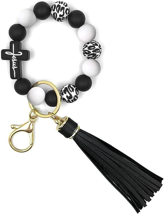 Black and White Silicone Bead Keychain Bracelet with Cross Charm and Tassel