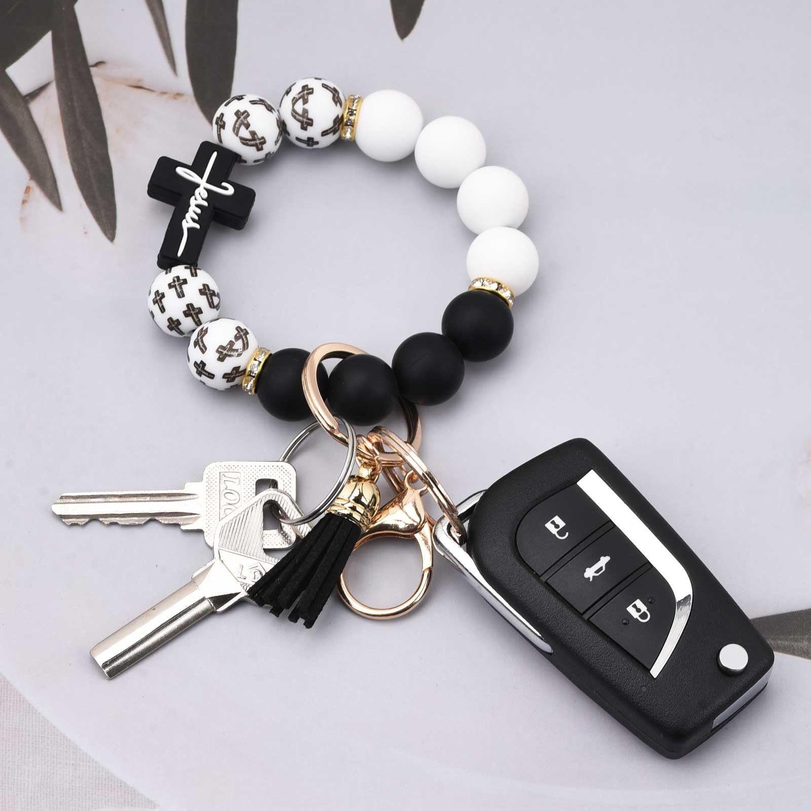 Black and White Silicone Bead Keychain Bracelet with Cross Charm and Tassel view 2