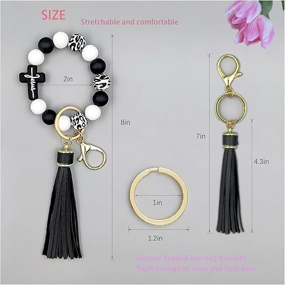 Black and White Silicone Bead Keychain Bracelet with Cross Charm and Tassel view 4