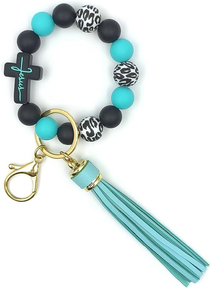 Black and Green Silicone Bead Keychain Bracelet with Cross Charm and Tassel