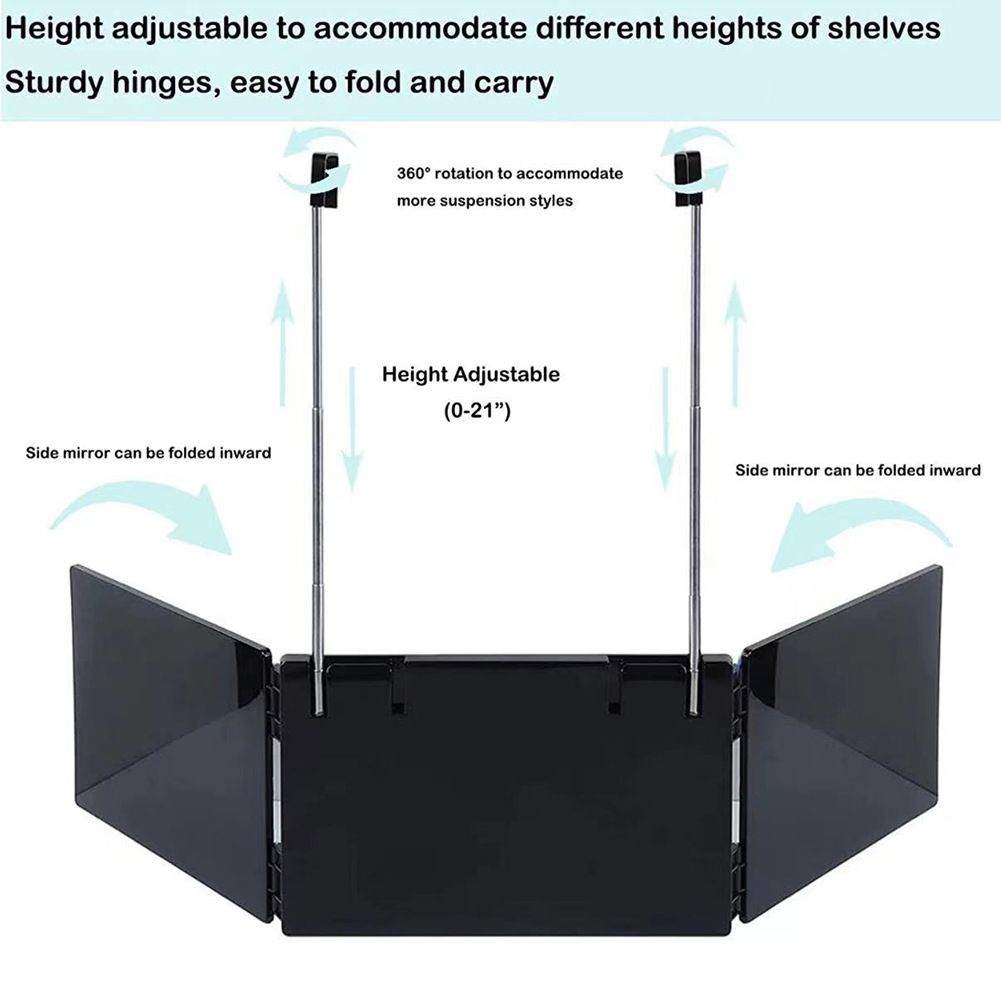 Black Trifold Self Hair Cutting Mirror with Adjustable Hooks - 3-Way Folding view 2