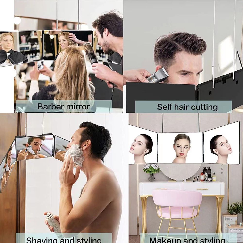 Black Trifold Self Hair Cutting Mirror with Adjustable Hooks - 3-Way Folding view 6