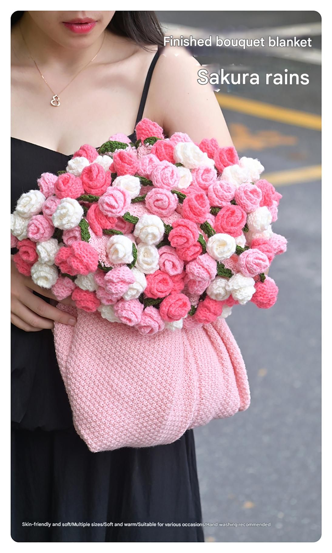 Pink and White Diameter: 120 cm -52 Woven Flowers Handmade Rose Bouquet Knit view 2