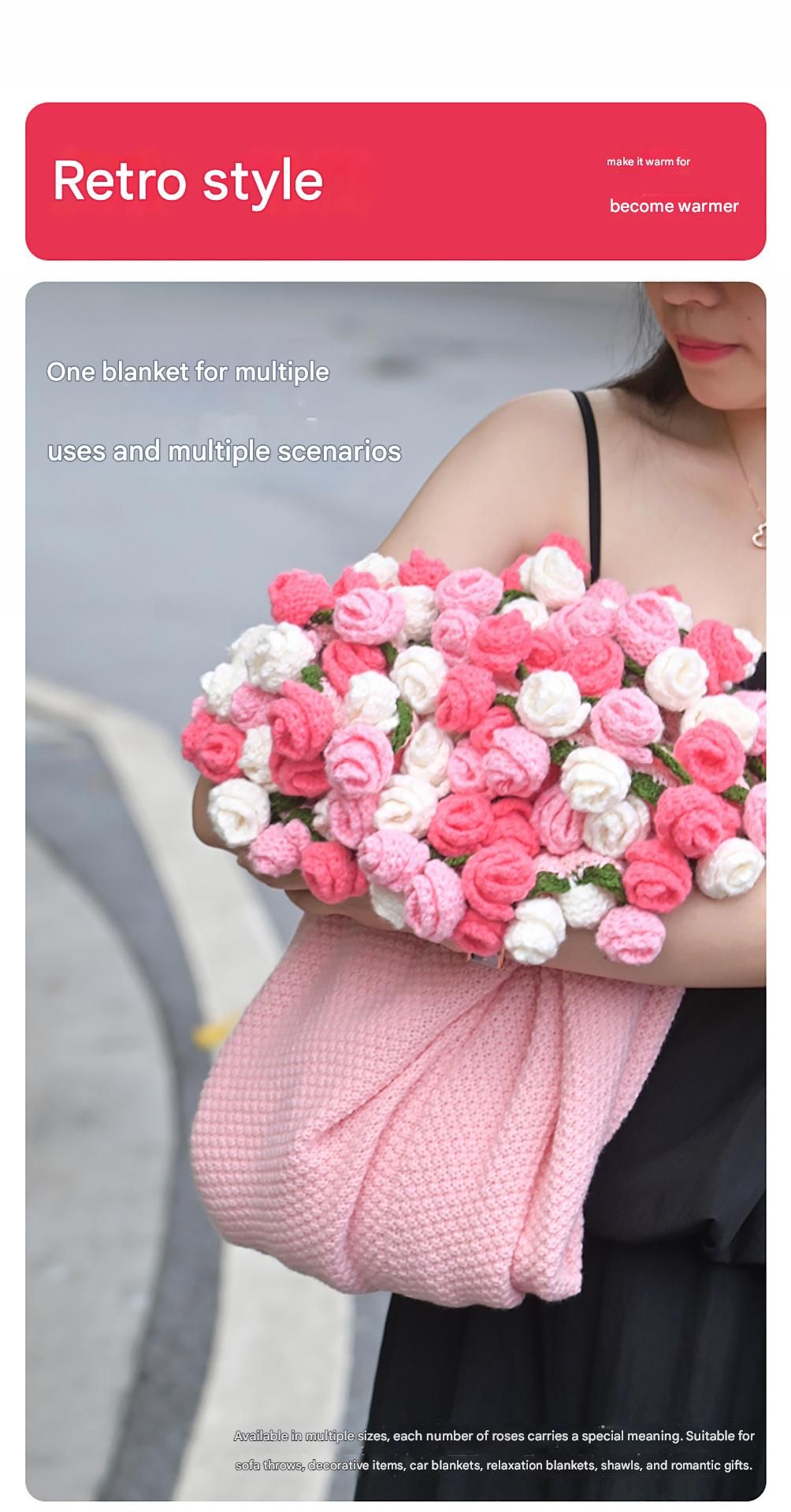 Pink and White Diameter: 120 cm -52 Woven Flowers Handmade Rose Bouquet Knit view 8