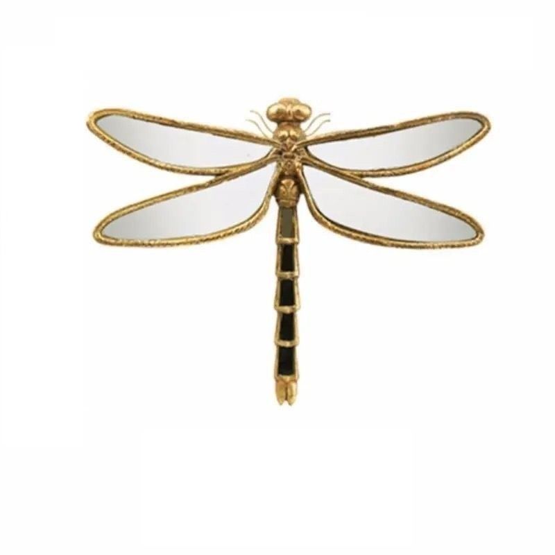 Vintage Resin Dragonfly Mirror Wall Art - Distressed Gold Finish