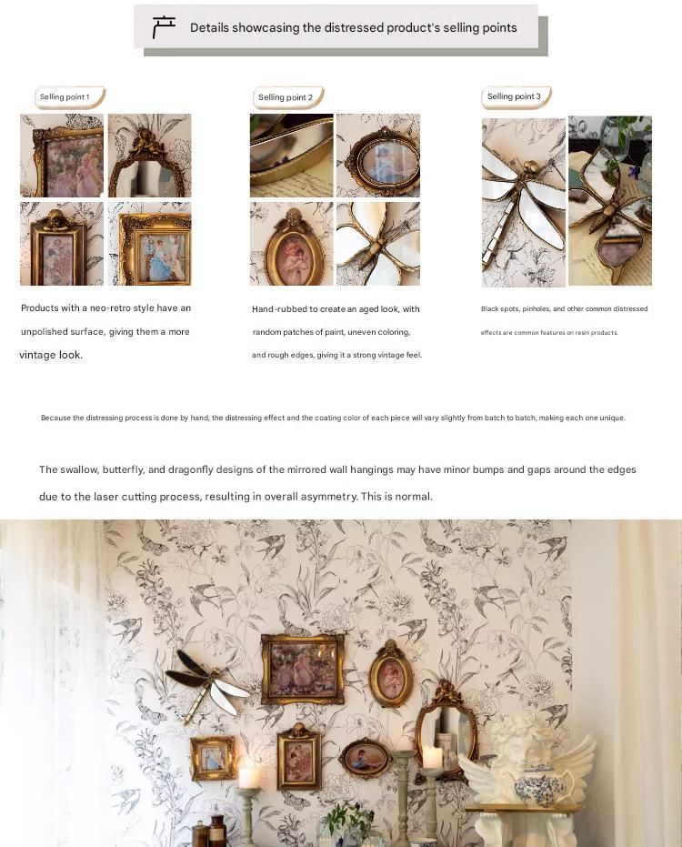 Vintage Resin Dragonfly Mirror Wall Art - Distressed Gold Finish view 3