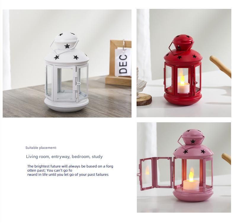 Pink European Style Star Cutout Metal Candle Lantern - Handcrafted Iron & view 4