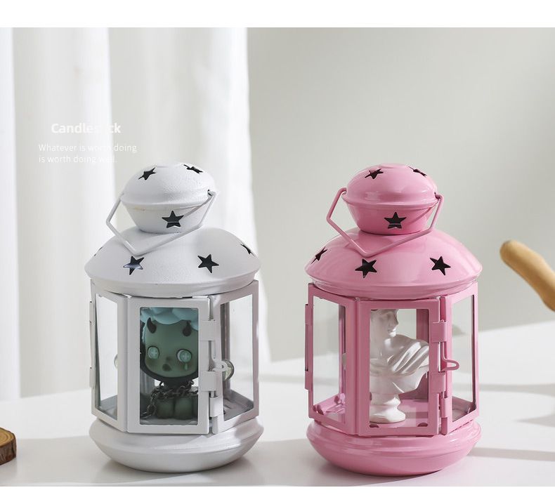 Pink European Style Star Cutout Metal Candle Lantern - Handcrafted Iron & view 5
