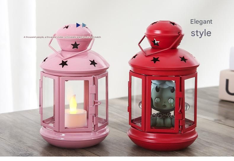 Red European Style Star Cutout Metal Candle Lantern - Handcrafted Iron & Glass view 6