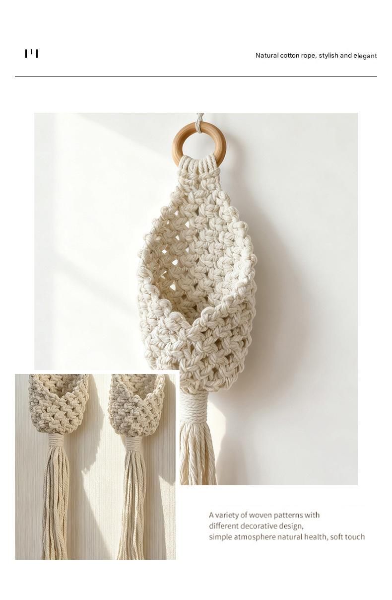 White Macrame Hanging Plant Holder - Cotton Rope Wall Basket view 6