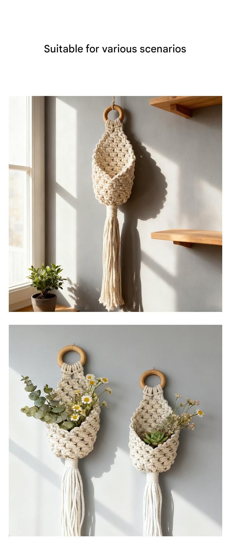 White Macrame Hanging Plant Holder - Cotton Rope Wall Basket view 8