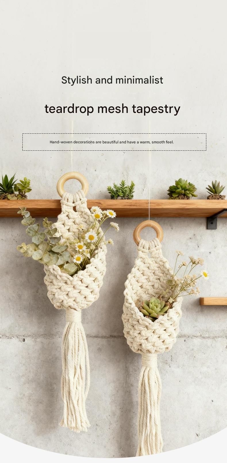 2-piece White Macrame Hanging Plant Holder - Cotton Rope Wall Basket view 2