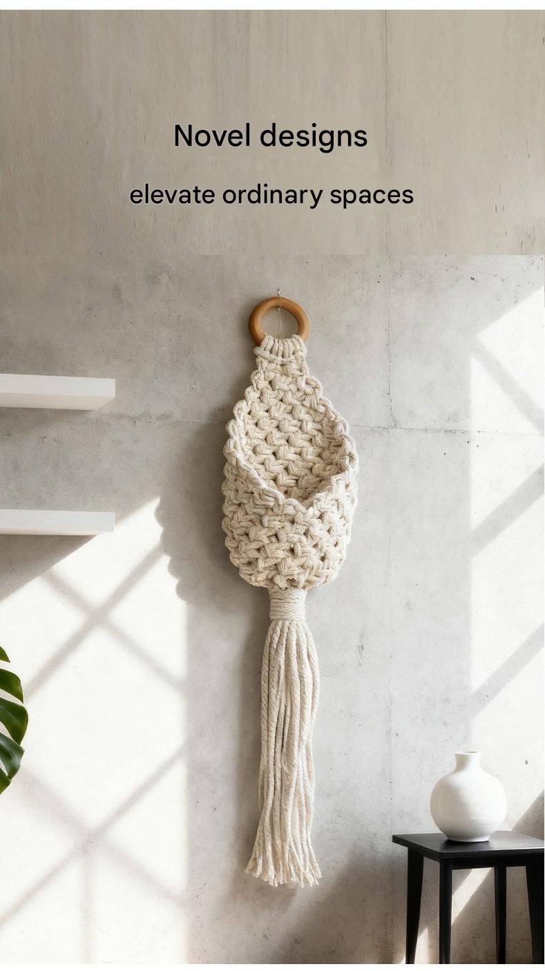 2-piece White Macrame Hanging Plant Holder - Cotton Rope Wall Basket view 5