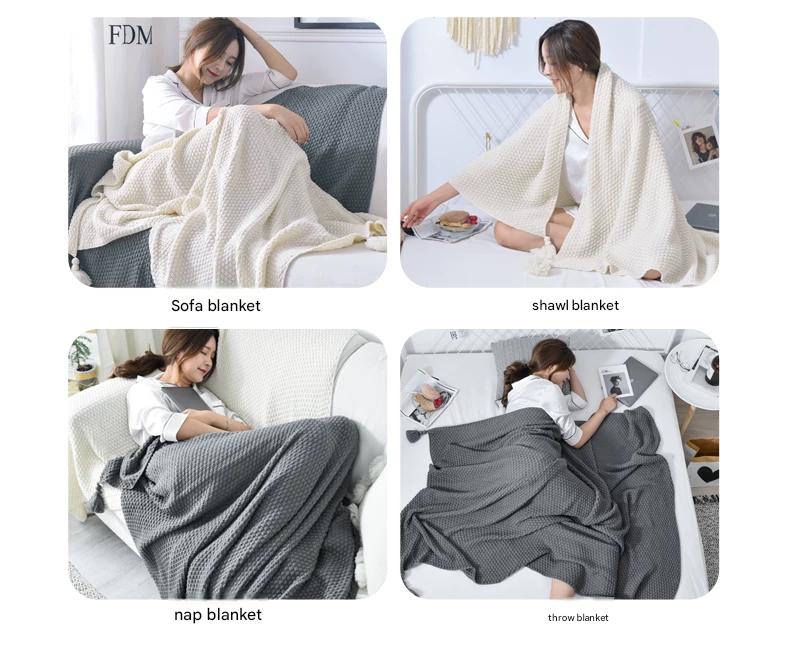 Black 110*150cm Nordic Style Tassel Knit Throw Blanket - Soft Polyester Sofa view 6