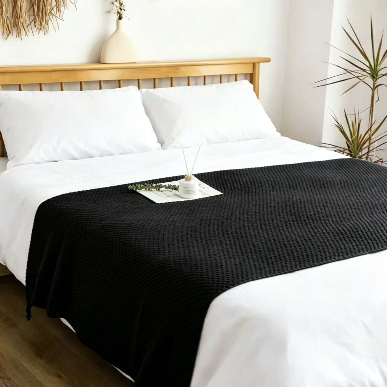 Black 1130*170cm Nordic Style Tassel Knit Throw Blanket - Soft Polyester Sofa