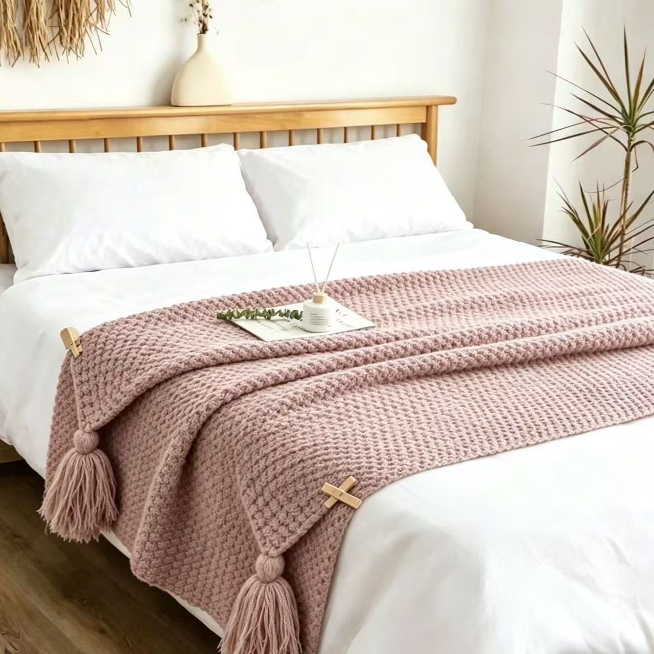 Pink 1130*170cm Nordic Style Tassel Knit Throw Blanket - Soft Polyester Sofa