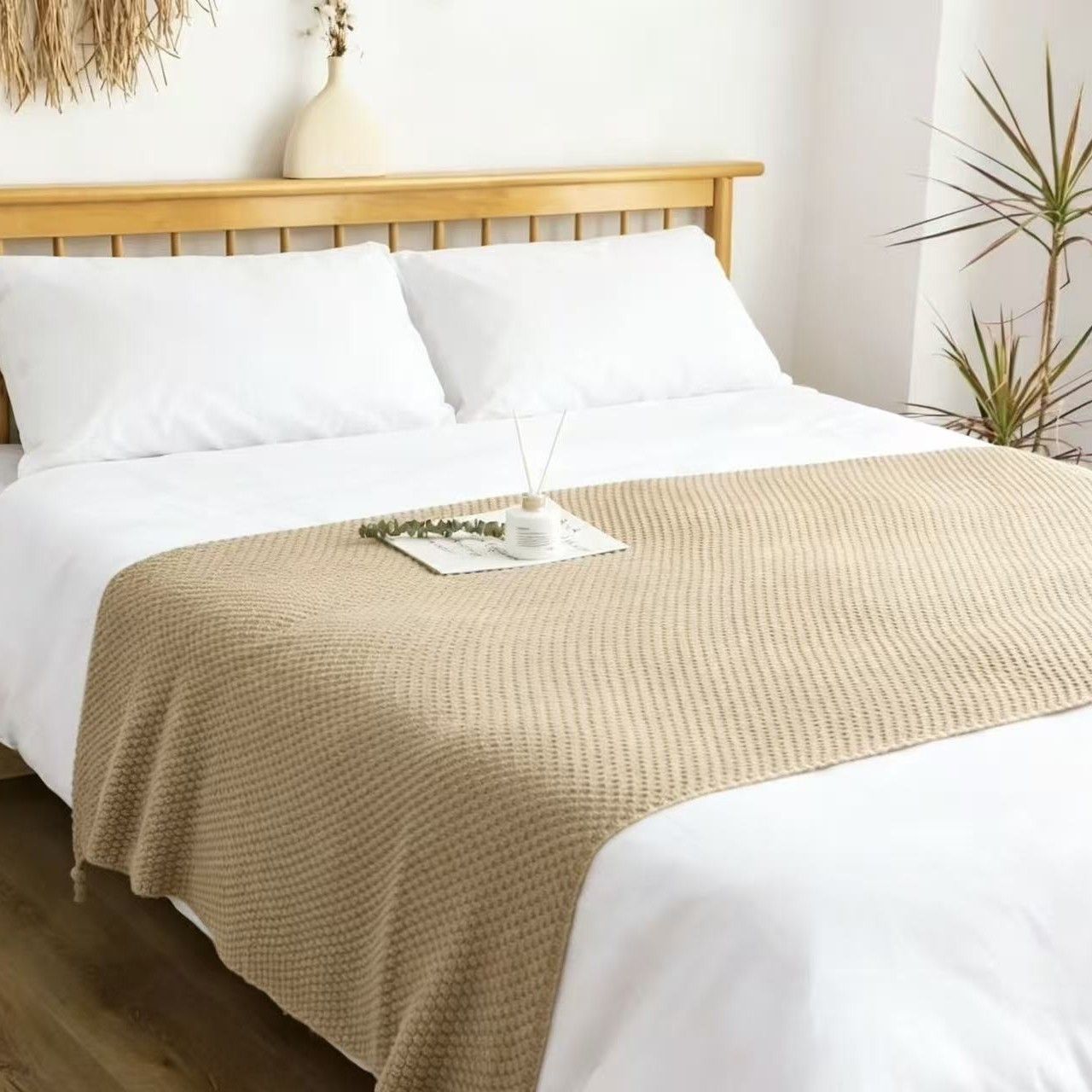 Khaki 110*150cm Nordic Style Tassel Knit Throw Blanket - Soft Polyester Sofa