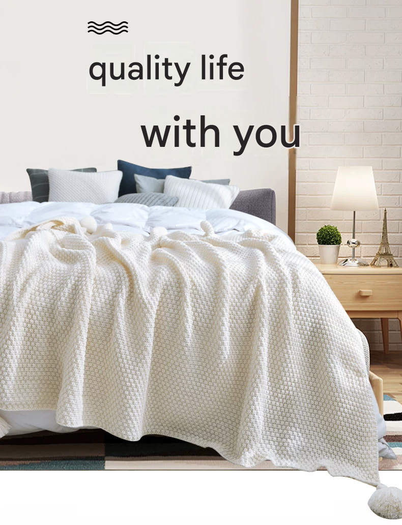Khaki 110*150cm Nordic Style Tassel Knit Throw Blanket - Soft Polyester Sofa view 2