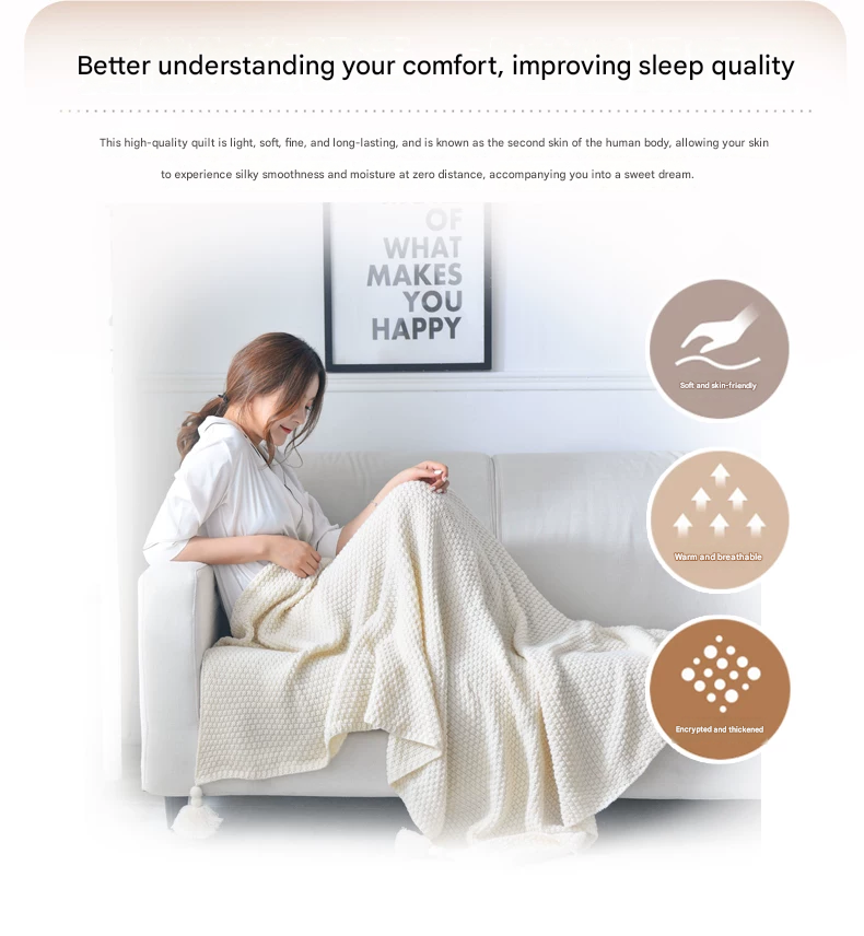 Khaki 1130*170cm Nordic Style Tassel Knit Throw Blanket - Soft Polyester Sofa view 3