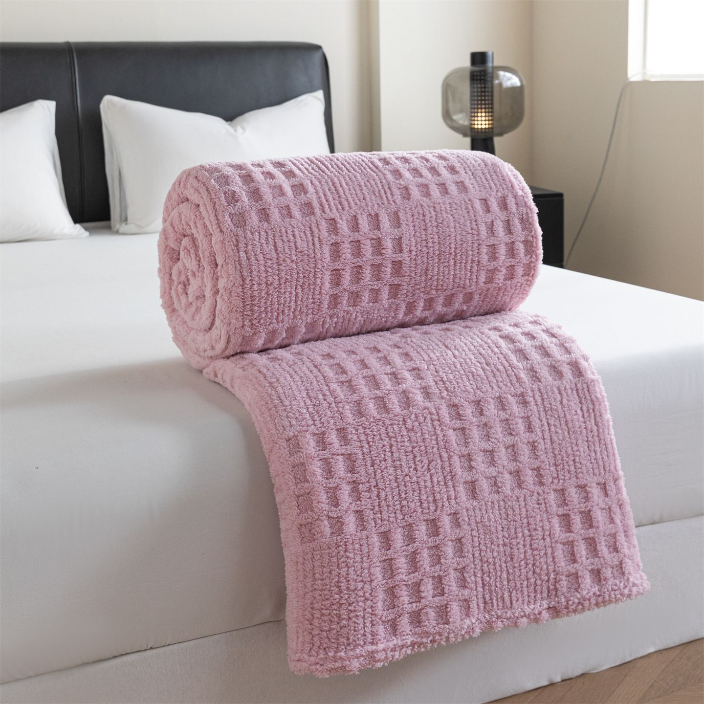 Pink 180*200cm Thickened Double-Sided Plush Waffle Weave Throw Blanket