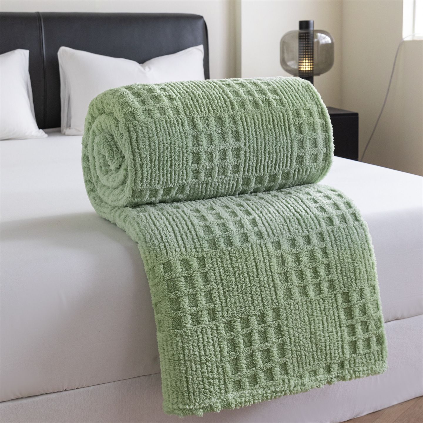 Green 150*200cm Thickened Double-Sided Plush Waffle Weave Throw Blanket